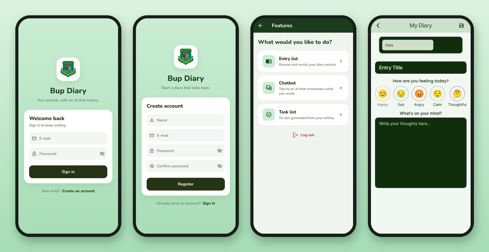 Four screens: sign in, create account, the features menu and the diary entry editor with a mood picker