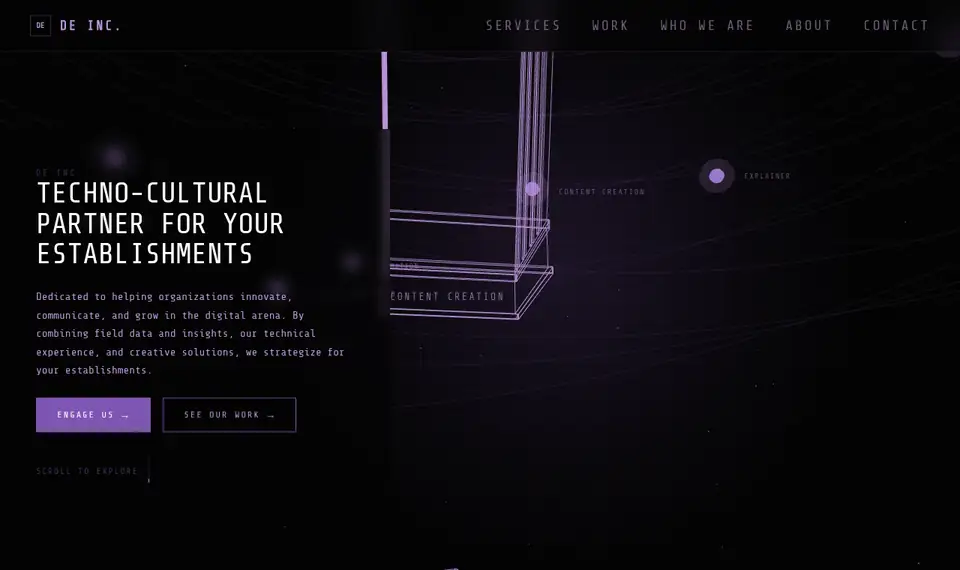 Scrolling the homepage: the camera pulls back to reveal the whole wireframe building and its orbiting services