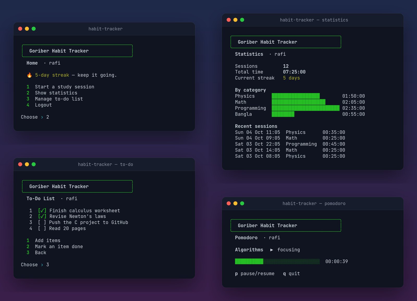 Terminal screens: home menu with a 5-day streak, statistics, to-do list and a pomodoro in progress
