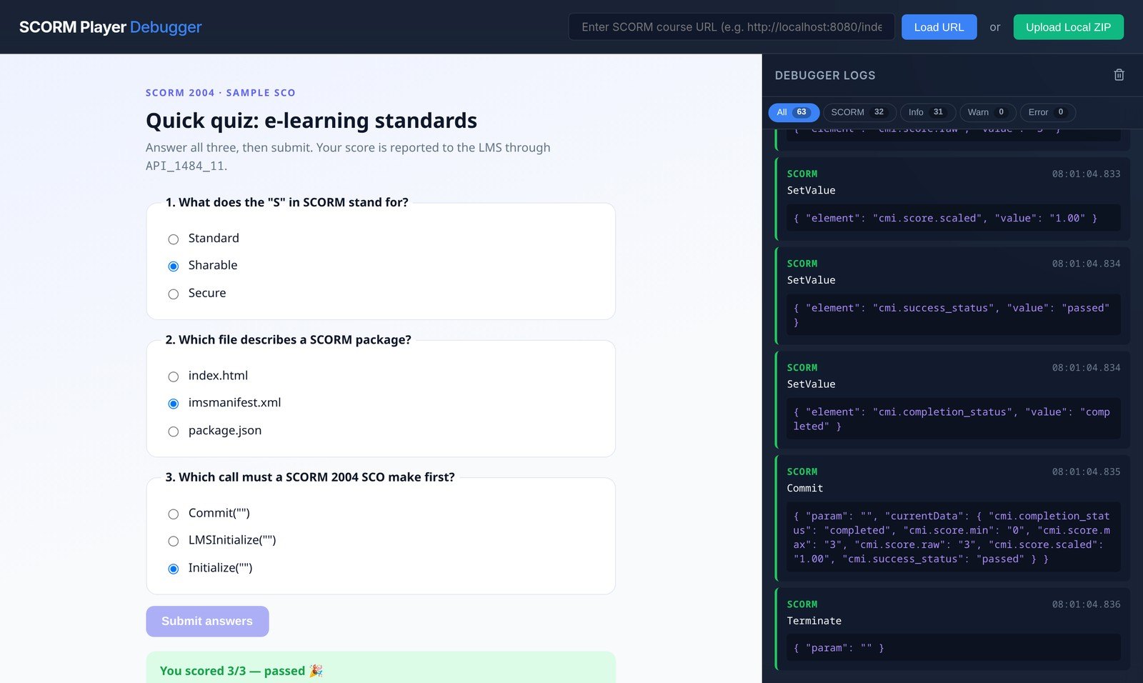 A sample quiz running in the player with the debugger listing every SCORM API call